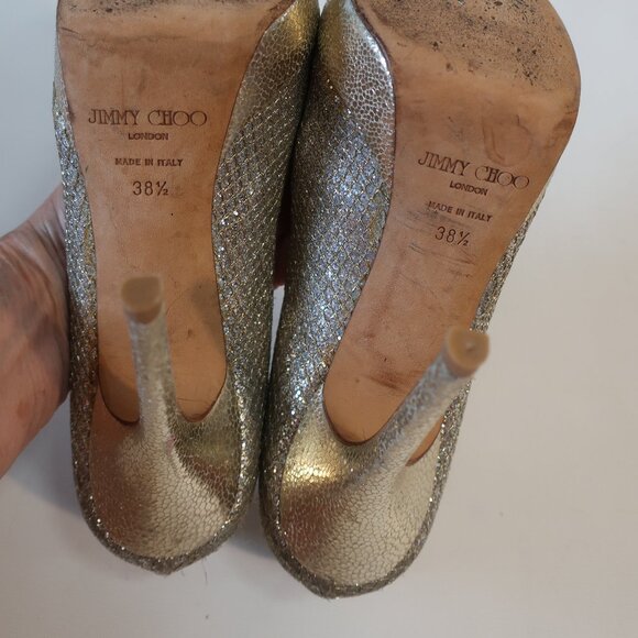 Jimmy Choo Silver Gold Luna Metallic Peep Toe Platform Heels Pumps 38.5 US/8.5 - Picture 9 of 14